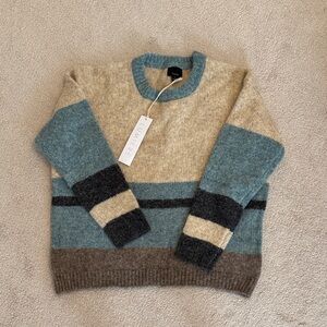 Lumiere Men's Teal, Beige & Charcoal Striped Crewneck Sweater